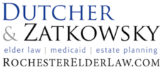 Logo for Dutcher & Zatkowsky with text: elder law, medicaid, estate planning, RochesterElderLaw.com; reflects media expertise in Fairport, NY.