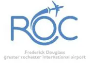 Logo for Frederick Douglass Greater Rochester International Airport features blue "ROC" and airplane, echoing Smarter Media’s strategic brand growth expertise in Fairport, NY.