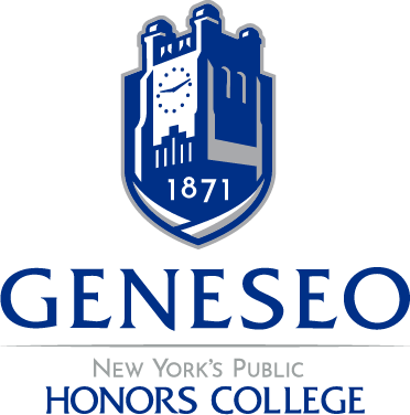 Geneseo logo: blue shield with clock tower, "1871," plus "Geneseo, NY’s Public Honors College"—symbolizing prestige and excellence.